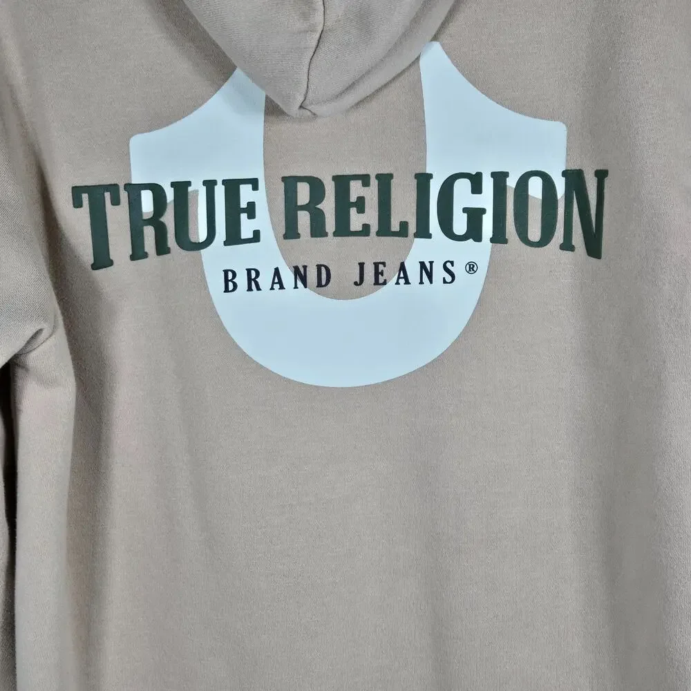 True Religion Brand Jeans Zip Hoodie Mens‎ Medium Beige Graphic Logo Sweatshirt